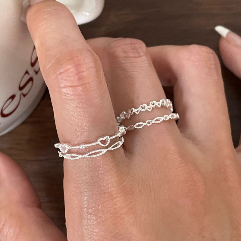 Sweet and Cool Stacked Heart Rings for Women, Geometric Irregular Hollow Chain S925 Silver-Plated Open Ring Ins Index Finger