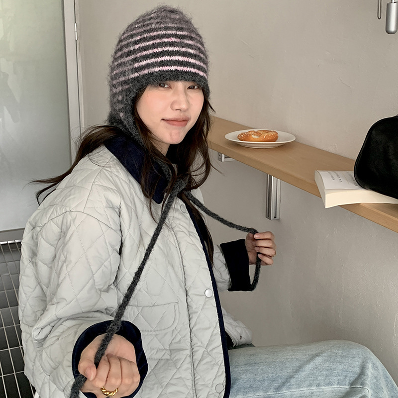 条纹针织套头帽女ins护耳系带包头毛线帽新款保暖潮帽子2025新帽|undefined