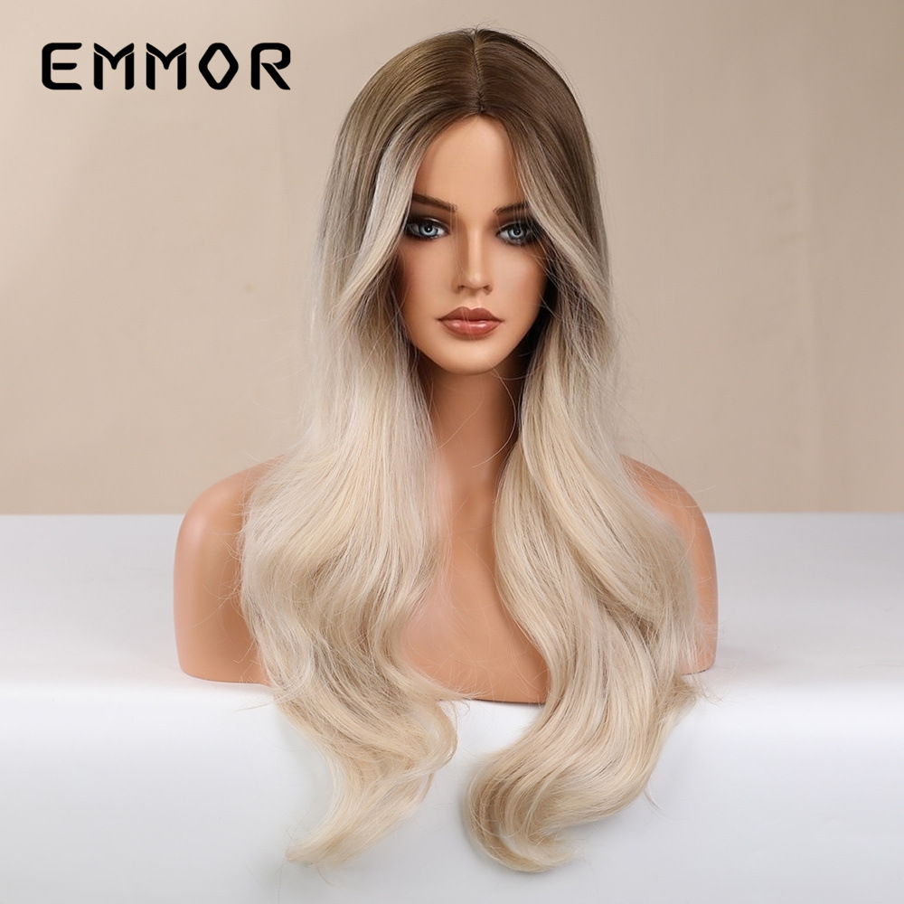 Venta caliente de comercio exterior transfronterizo Amazon, gradiente medio dorado, cabello largo y rizado, gran ola, peluca de estilo europeo y americano, traje completo femenino