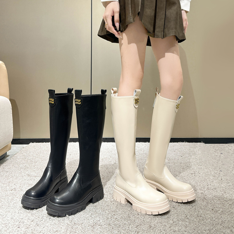 Wide Calf Straight-Leg 2025 New Style Plain Thick-Soled Long Knight Boots, Extra Wide and Plus Size