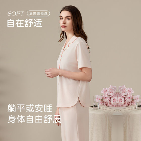 2025 New Lanjing Tencel Model Cotton Short-sleeved Trousers Home Clothes suit Lapel Women's Open Button Pajamas Summer