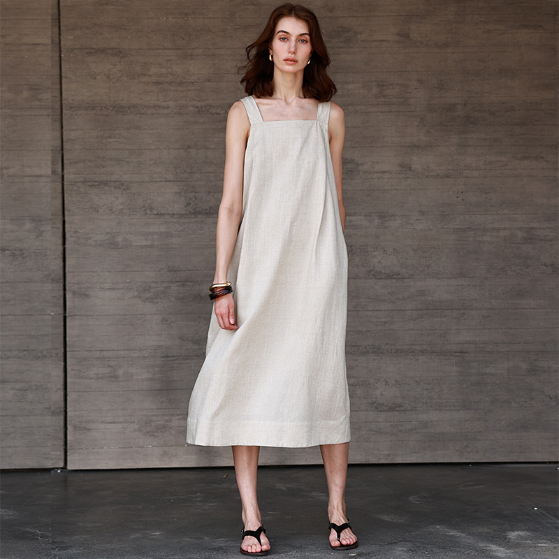 [Clearance Sale] Lyocell Wide-Strap Square Neck Tank Dress Straight Long Dress Summer French Style Linen Dress
