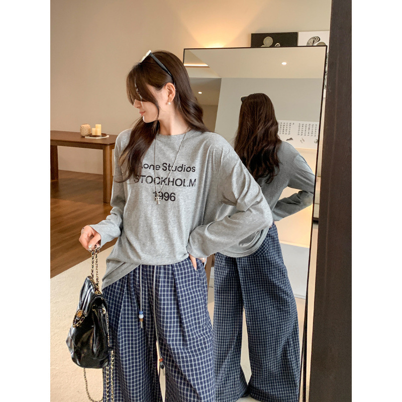 现货品牌韩系别致字母印花圆领长袖T恤女2025新款宽松显瘦打底女|undefined