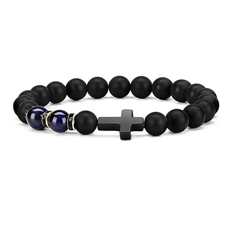 Black Cross Bracelet Father's Day Gift Tiger Eye Stone Black Frosted Black Drill Cross Blue Tiger Eye Bracelet Black Cross Bracelet Father's Day Gift Tiger Eye Stone Black Frosted Black Drill Cross Blue Tiger Eye Bracelet