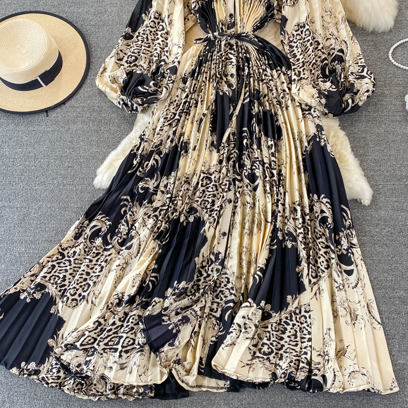 Vêtements pour femmes Automne col rond ample mince à manches longues imprimé satin simple boutonnage robe plissée élégante légère luxe longue jupe_voghion.com