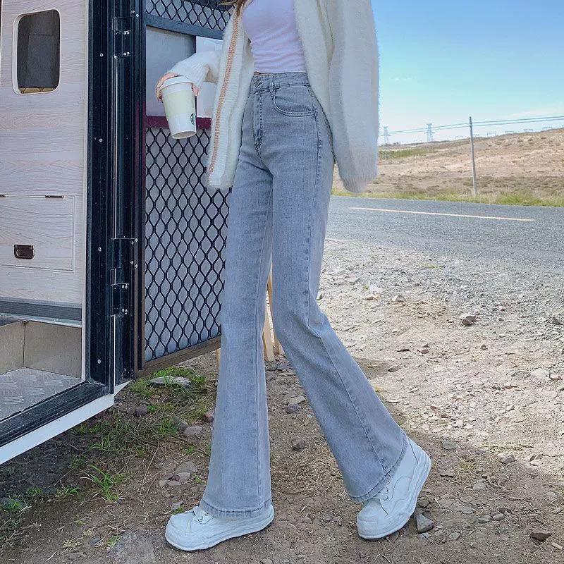 Джинсы с широкими штанинами женские летние тонкие 2022 Новые облегающие светлые маленькие расклешенные брюки с высокой талией детские