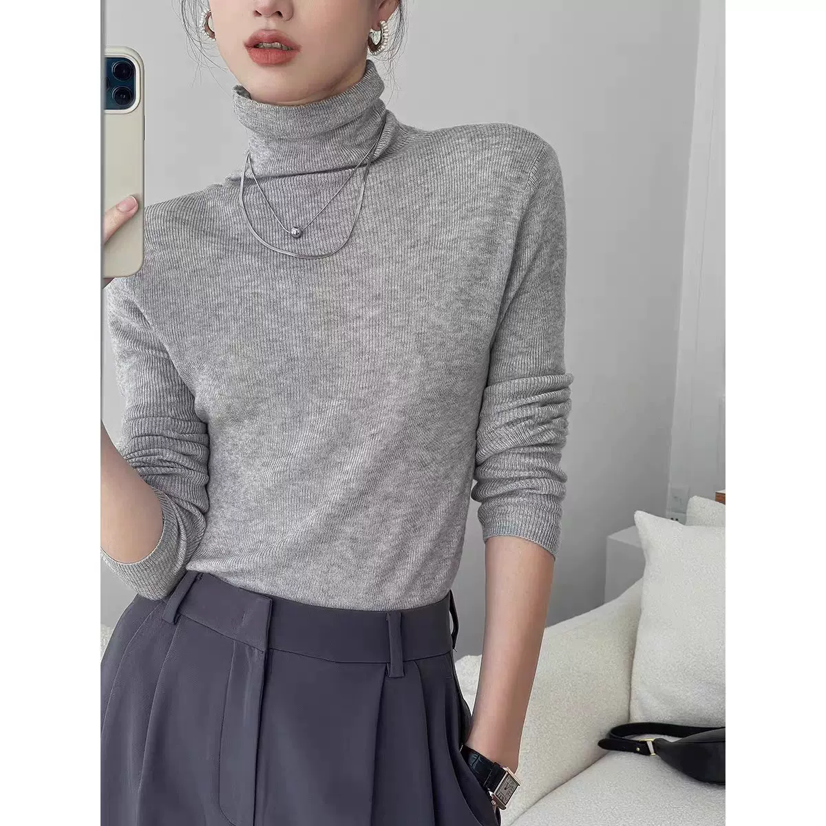 配羊毛大衣的内搭高领毛衣女秋冬堆堆领修身精纺羊毛针织打底衫