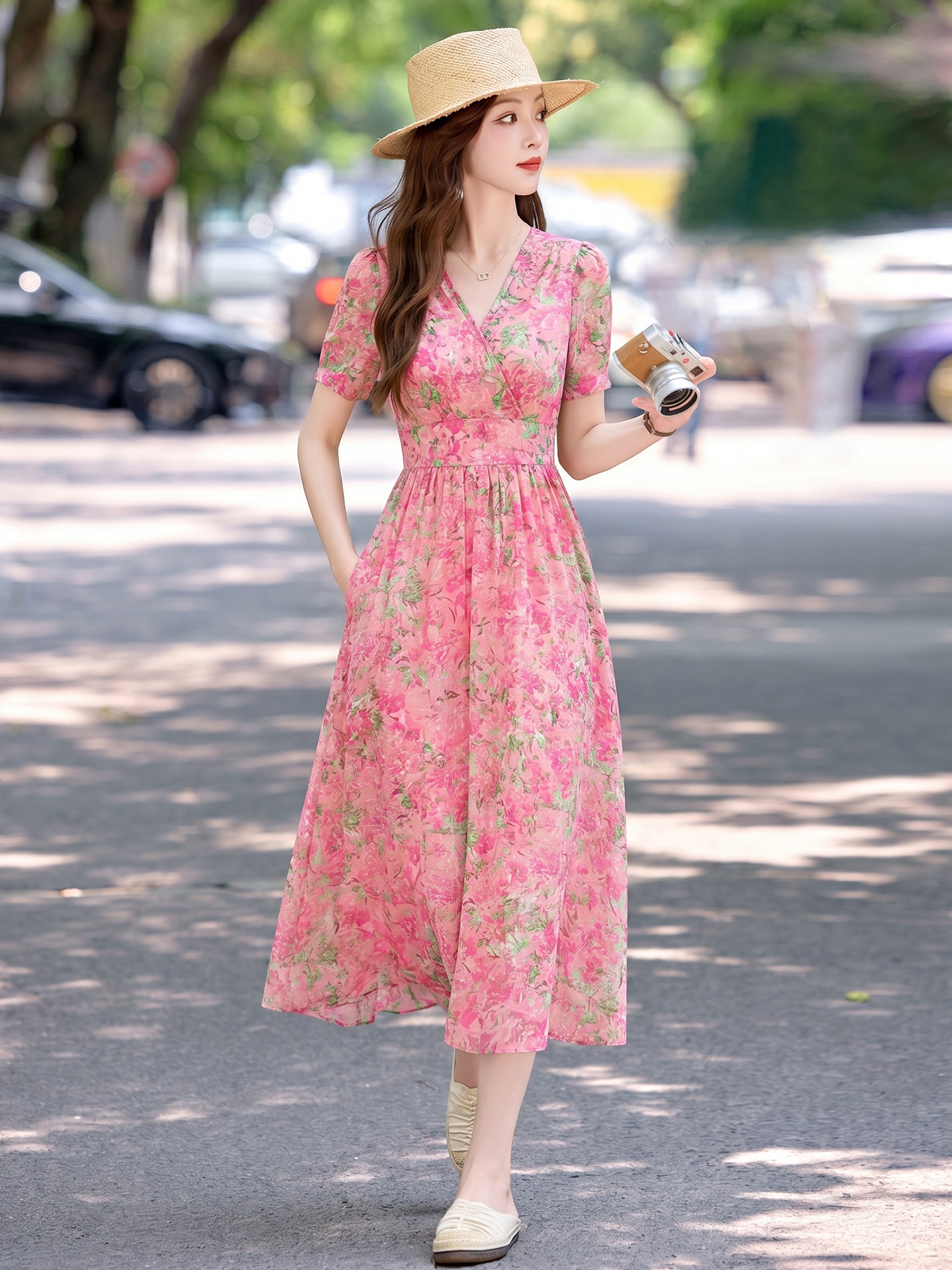 Đầm maxi nữ thắt eo họa tiết hoa nhí cổ V xếp ly tay ngắn — xanh lam, Màu hồng, màu vàng