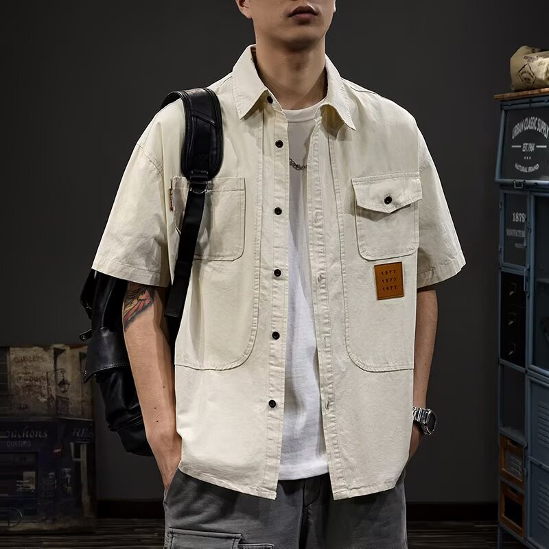 American Heavy Workwear Short-sleeved Shirt Men's Summer New Loose plus size All-match Pure Cotton Shirt Casual Jacket
