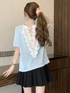 Plus Size Fat mm Lace Splicing Backless Short-Sleeved T-Shirt Women's Summer Thin Loose Belly-Covering Chic Shirt Top
