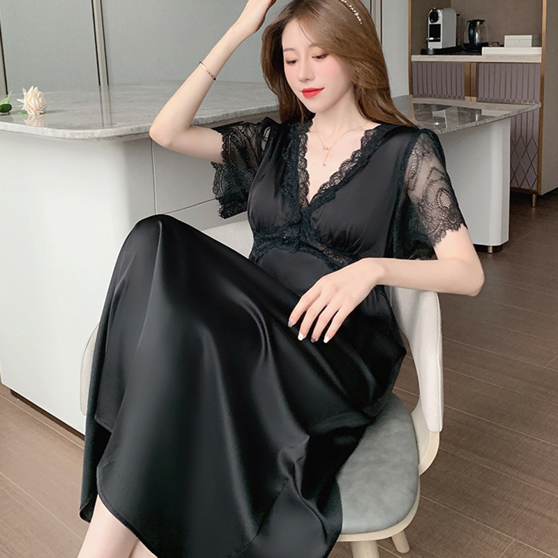 아이스 실크 파자마 여성 여름 새로운 섹시한 아이스 실크 유혹 긴 원피스 봄 가을 플러스 사이즈 슬리밍 잠옷 홈 옷