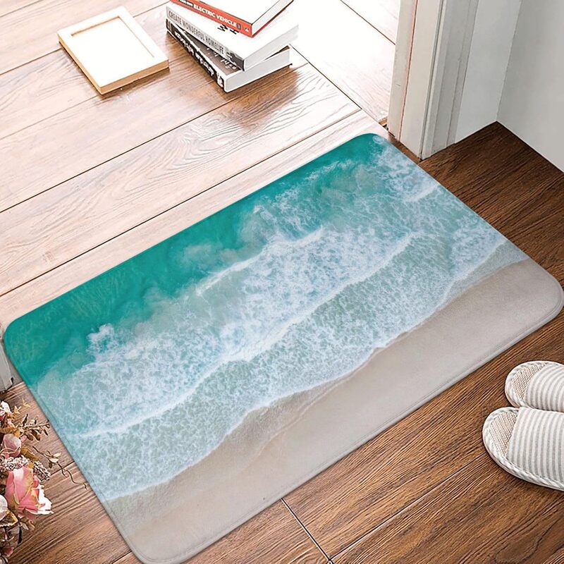 Cross-Border Flannel Nautical Style Coastal Theme Beach Wave Pattern Blue Bathroom Floor Mat Non-Slip and Absorbent