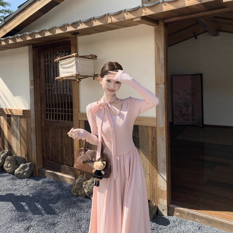 实拍 奶霜桃桃韩系大圆领温柔粉色长袖连衣裙女秋季气质漂亮长裙|undefined