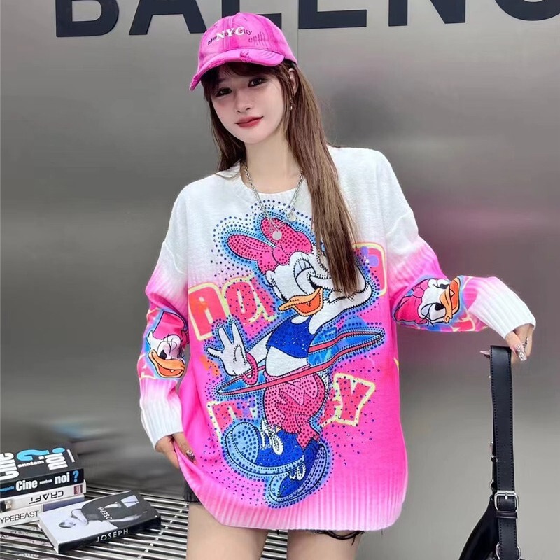 Heavy-duty Cartoon Printed Sweater Women's Autumn High-end Loose Mid-length All-match Chic Wool Sweater Top