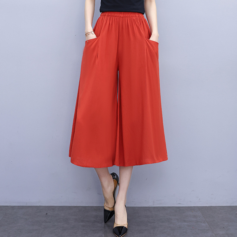 Summer Middle-aged and Elderly Cotton Silk Cropped Pants Pants plus size Loose Loose Wide-leg Pants for Women