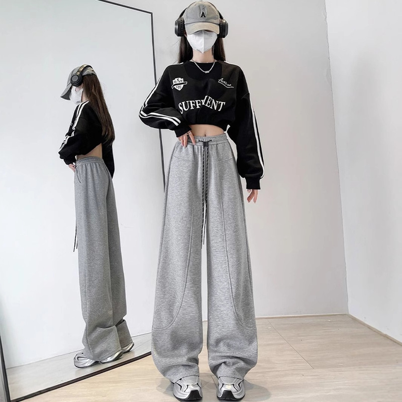 American Style Wide Leg Sports Pants Women's Autumn and Winter Korean Style High Waist Loose fleece-lined Thickened Straight Casual Pants Long Pants