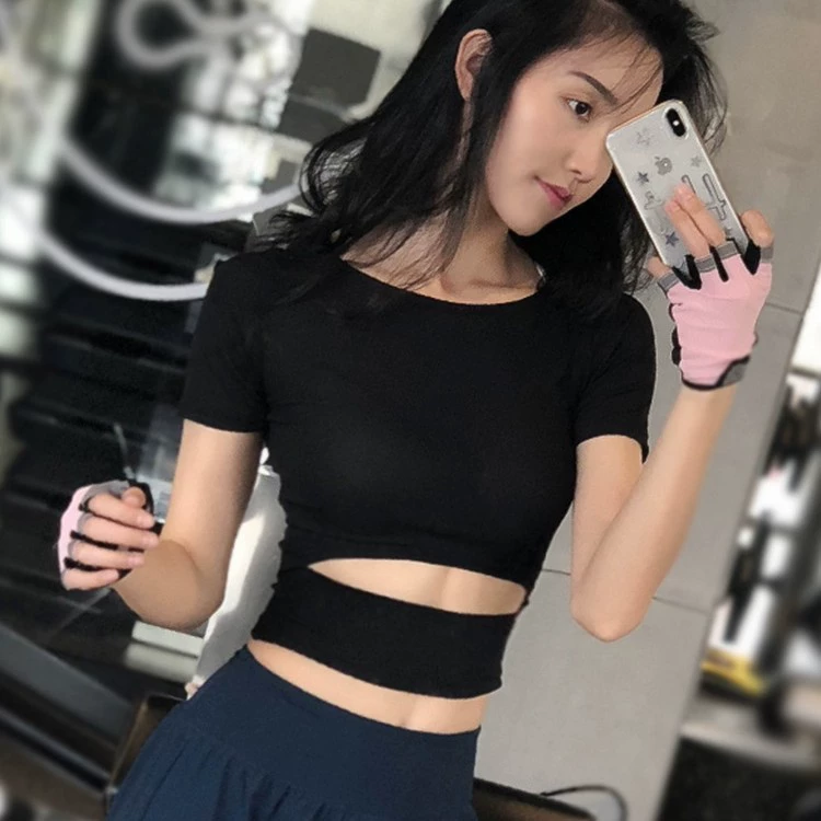 Короткая sexy спортивная футболка с короткими рукавами для зала, обтягивающая, для бега
