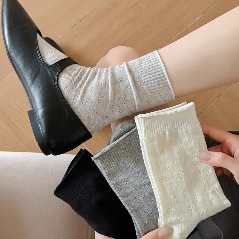 Stacked Socks for Women, Mid-Calf Socks, Summer Thin Mesh Socks, Cream White Mesh Socks, Cotton Socks, Ins White Socks, Zhuji