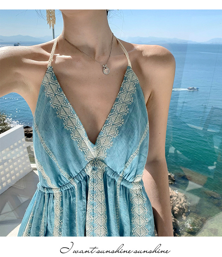 Light Blue Resort-style Backless Halter Neck Dress, Bohemian Heavy Embroidery Long Dress For Women_ecoleips.com