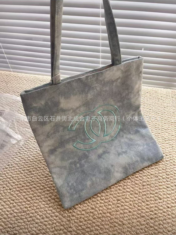 现货中古小香风牛仔蓝购物袋扎染帆布包简约高级单肩包刺绣字母C|undefined