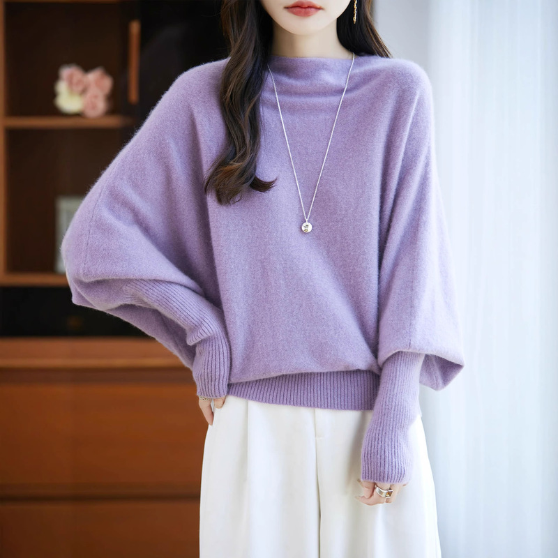 Off-Shoulder Sweater, Lazy Style, Slimming Base Shirt, Trendy French High-End Batwing Sleeve Long Wool Knit Top for Women, Loose Fit