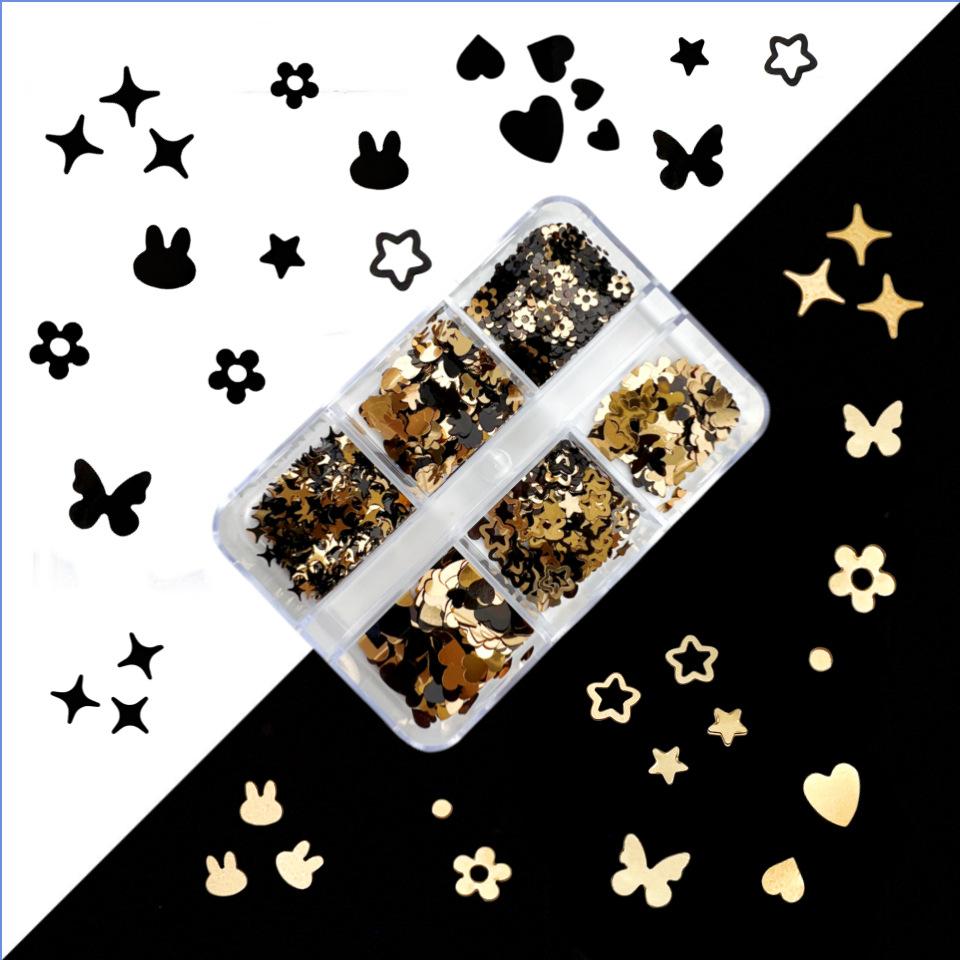 6格盒装黑金色蝴蝶兔子爱心星星美甲亮片 网红美妆指甲装饰亮片