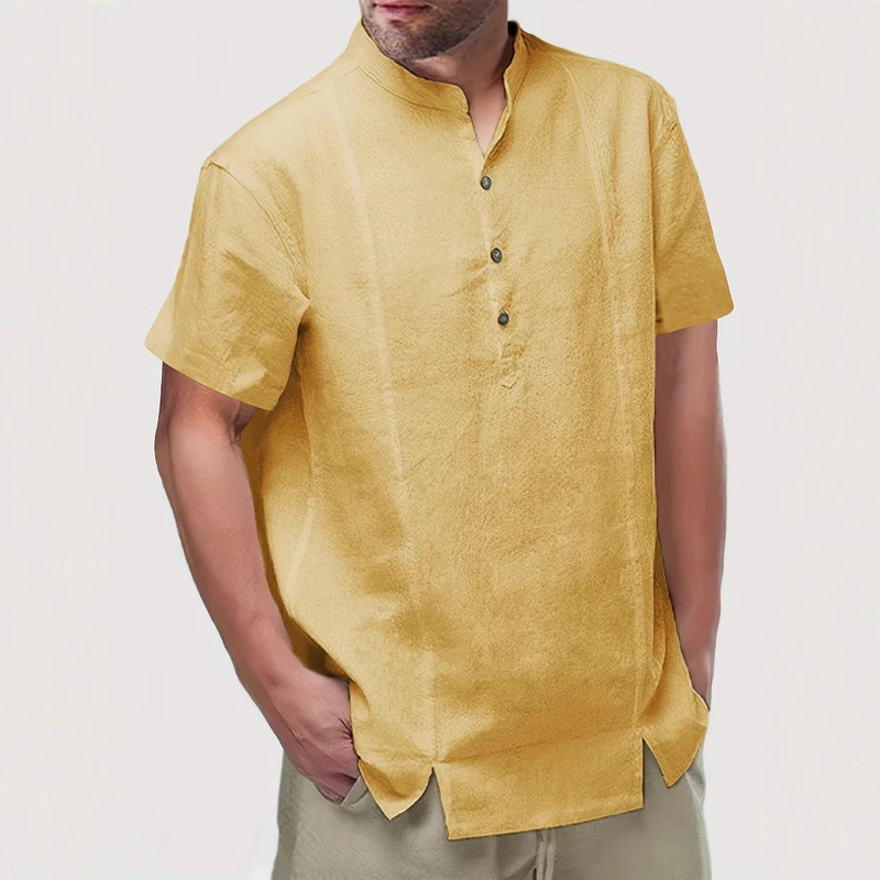 Cross-Border Men's New Ebay Amazon Summer Pure Color Henley Collar Short-Sleeved Simple Cotton and Linen Shirt for Men