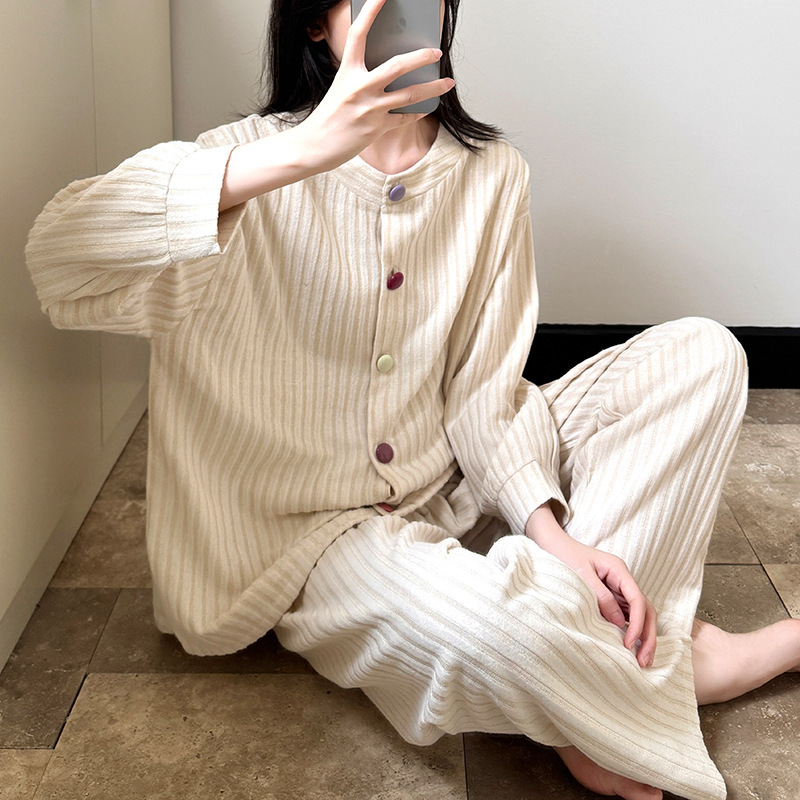 羊绒德绒睡衣女款春秋季坑条纯色长袖彩色扣子甜美可爱套装家居服|undefined