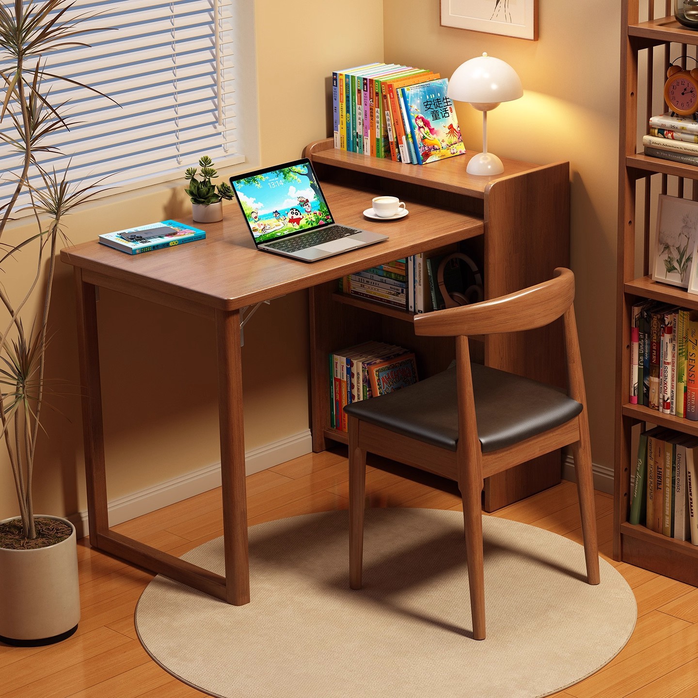 Solid Wood Desk with Bookshelf Integrated Small Bedroom Foldable Table Study Table Simple Study Office Computer Table