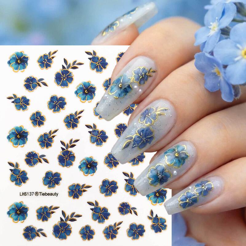 New Gold-Stamped Blue Floral Nail Stickers with a High-End Feel, Goddess-Style Light Luxury Gold-Edged Flower Party Nail Stickers