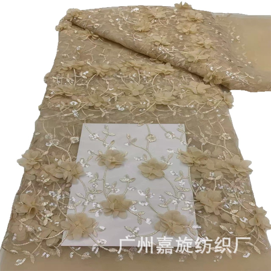 Vestido de boda chiffon flor tridimensional sequin bordado tela de encaje falda europea y americana tela bordada vestido