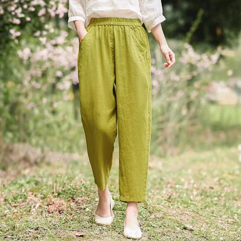 2025 новый летний сплошной цвет льняные девятицентовые шаровары детские тонкие хлопчатобумажные повседневные дикие модные брюки из редьки