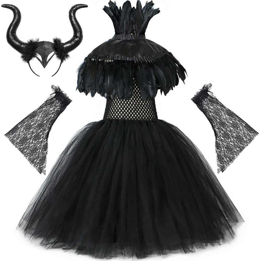 Ropa para niños Vestido de bruja maléfica Capa de plumas Disfraz de Halloween para niños Vestido de malla negro para niña gótica_voghion.com