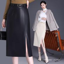 一步裙长裙秋冬季新款皮裙字绵羊皮A包臀黑色半身裙开叉女中长裙