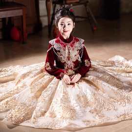 女童晚礼服红色女孩生日公主裙儿童国风高端主持人钢琴演出服秋冬