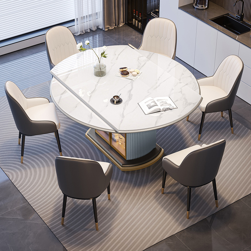 Light Luxury Slate Dining Table Modern Simple Variable Round Table Storage Dining Table Home Small Apartment Telescopic Folding Induction Cooker