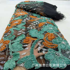 新款网纱布料新中式盘花泡泡珠珠片亮片刺绣面料连衣裙演出服布料