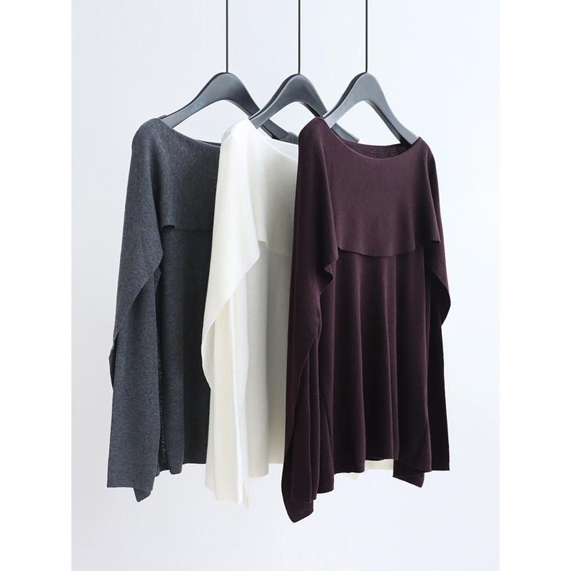 High-end fine merino wool autumn and winter elegant cape-style long-sleeve knit sweater pullover for commuting, faux two-piece sweater for women