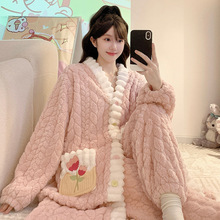 珊瑚绒睡袍女冬季保暖加绒加厚V领长袖长裤中长睡袍加大码家居服