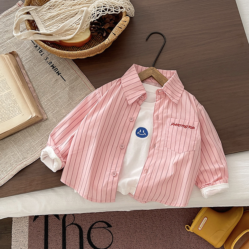 Boys' pink striped shirt, spring and autumn children's Korean style long-sleeved shirt with pocket letter embroidery, baby shirt jacket