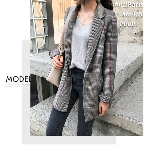 Checkered wool blazer chic retro loose medium-long 2025 autumn/winter new women's grid blazer jacket