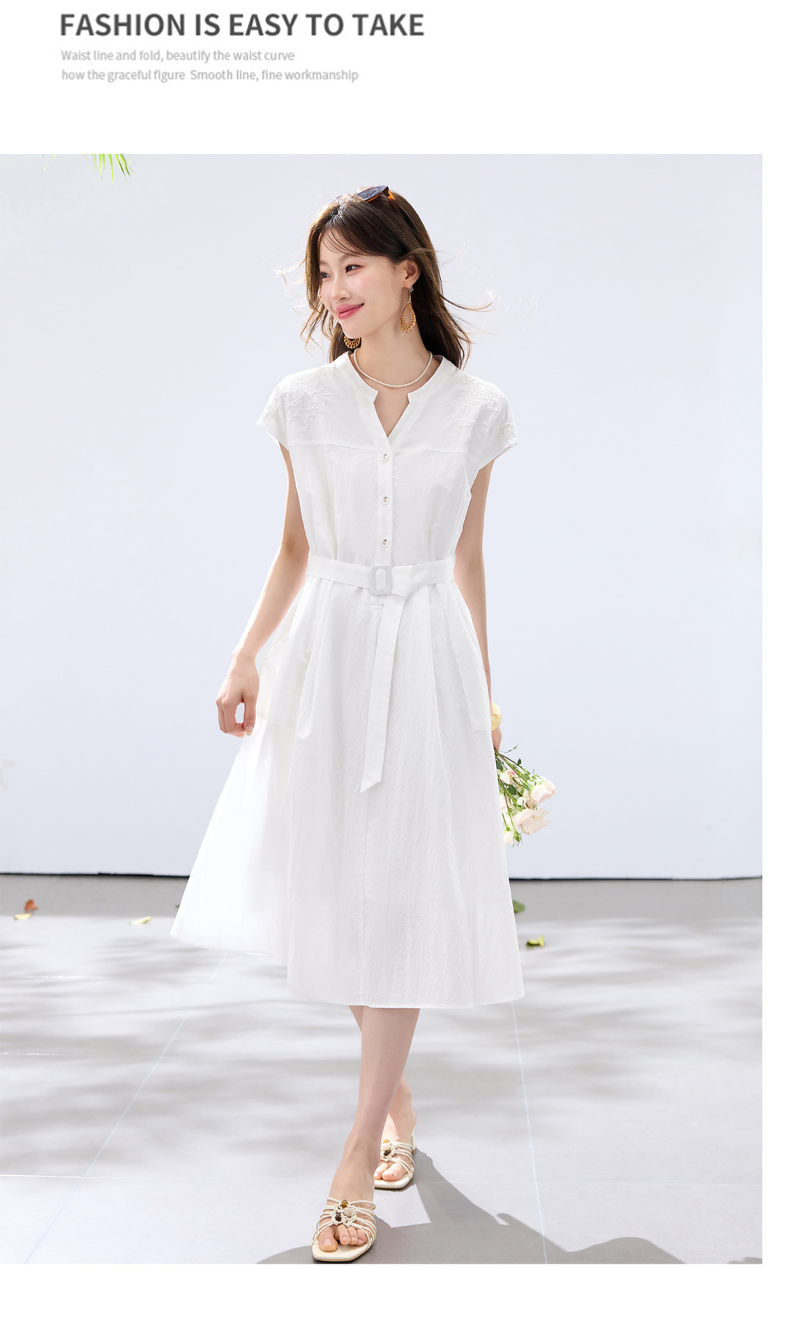 Đầm maxi nữ thắt eo cao, thiết kế quá gối, thêu hoa tinh tế phong cách trưởng thành — xanh lam, màu trắng chi tiết 17