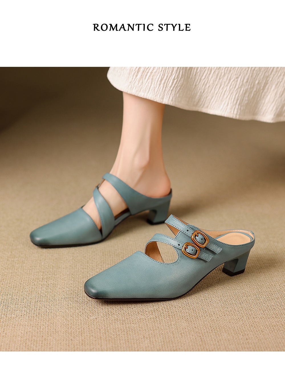Sandal nữ quai ngang gót vuông ổn định, da bò thật, khóa sau, phong cách Muller — đen chi tiết 10