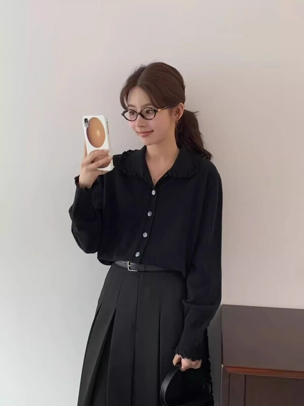 现h韩国东大门同款25年秋egg纯色显示可爱休闲花边领单排扣针织衫|undefined