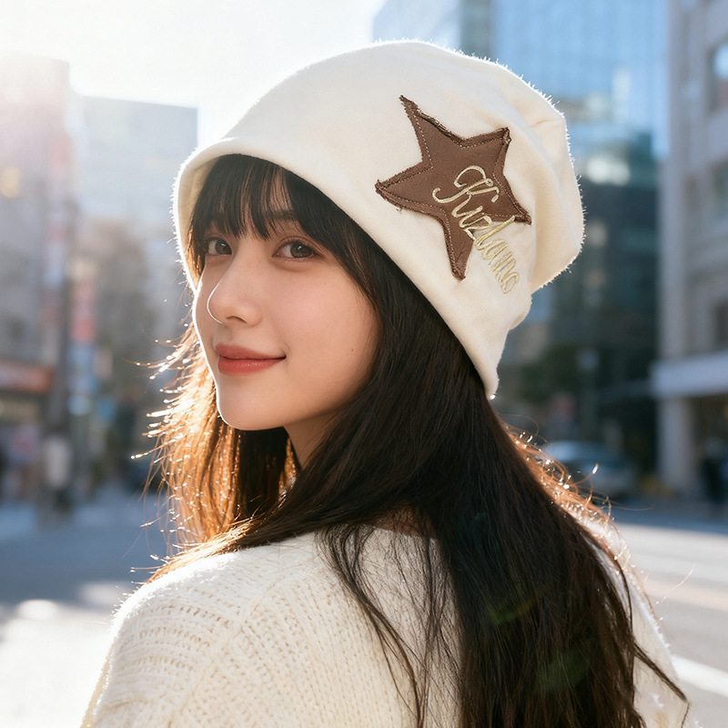 帽子女美式百搭学院风堆堆帽秋冬小众潮 ins星星包头帽护耳月子帽|undefined