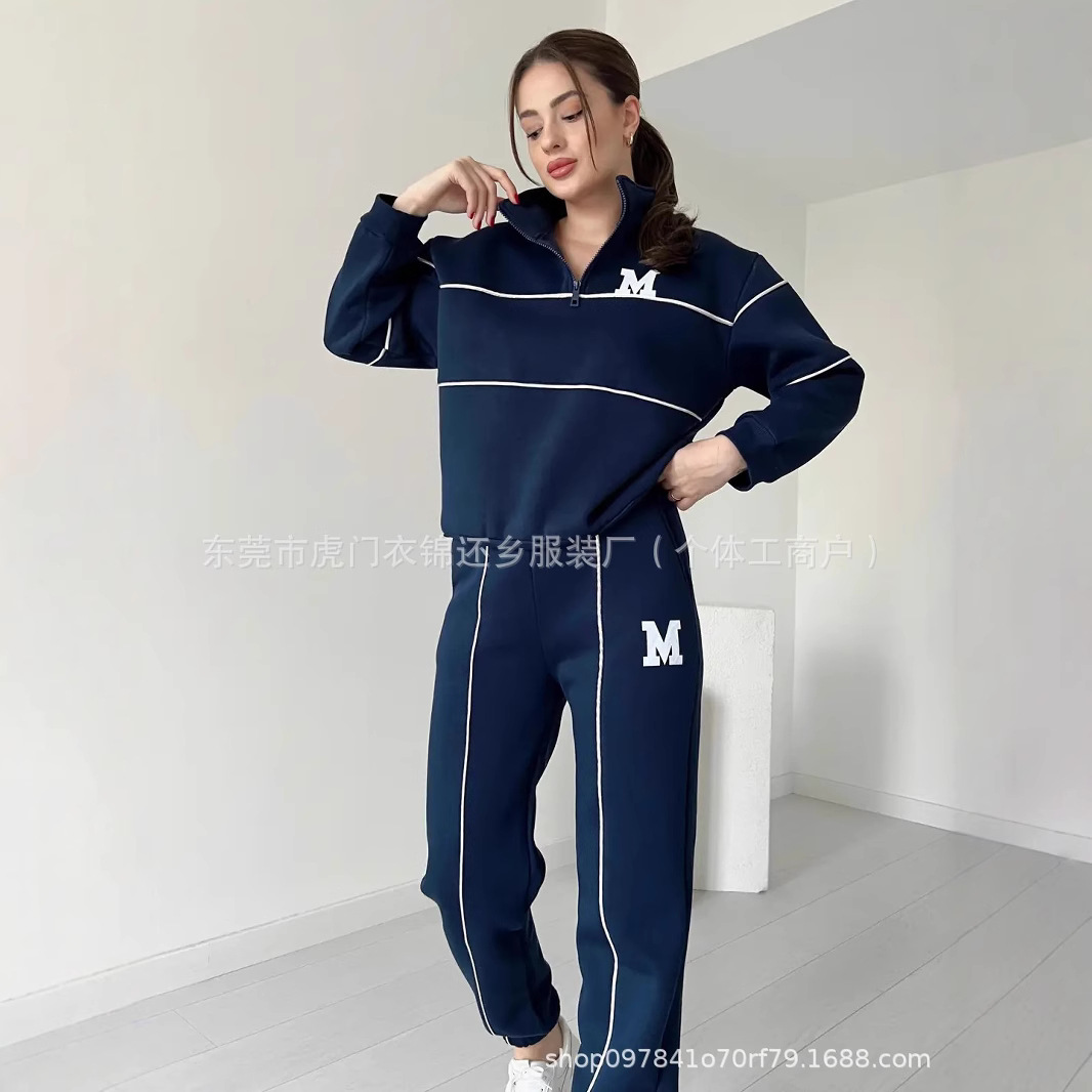 in stock Autumn and Winter Cross-border Independent Station Fashion Printed Sweat suit Women's Amazon Embroidered Stand Collar Long Sleeve Two-piece Set