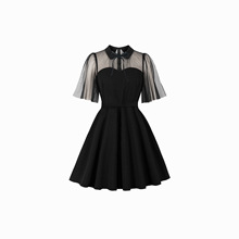 欧美跨境女装万圣节新款网纱拼接蝴蝶结连衣裙气质订婚礼服3111