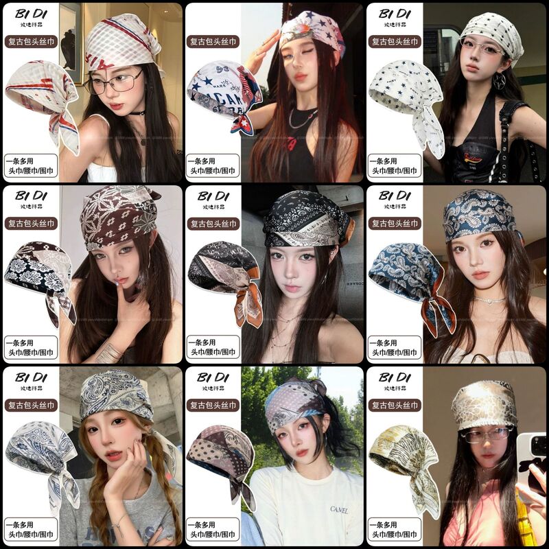 American-Style Y2K Millennium Hot Girl Headscarf Hip-Hop Street Fashion Cool Square Scarf Spring and Summer New Thin Pure Cotton Headband