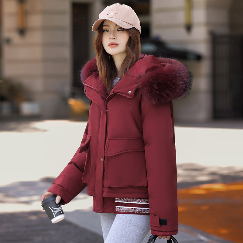 Europa y los Estados Unidos comercio exterior nueva ropa de algodón de tamaño grande para mujeres estudiantes corto ropa de algodón coreana suelta gran cuello de pelo chaqueta de algodón de color contraste image 10