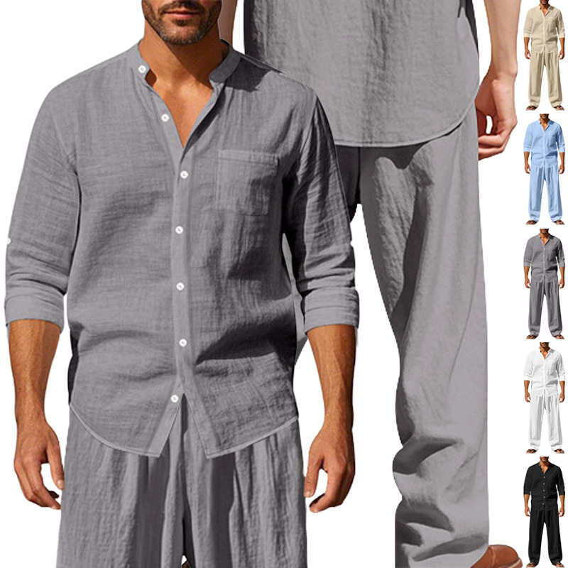 Estación independiente transfronteriza lino Henry cuello camisa hombre TK tamaño europeo suelta transpirable mangas largas camisa larga dos piezas set